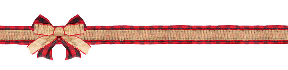 Christmas burlap bow with red and black check ribbon underneath. Long border isolated on a white background.