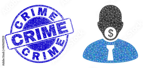 Lowpoly polygonal hush money symbol illustration with CRIME rubber stamp seal. Blue stamp contains Crime tag inside round shape. Hush money icon is filled with triangle mosaic.