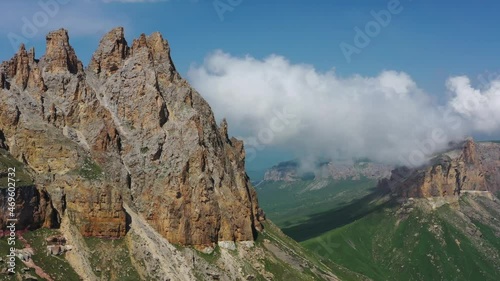 Aerial view on Mother-in-law teeth mountain with fantastic cliffs in Kabardino-Balkaria, Caucasus, Russia, 4k photo