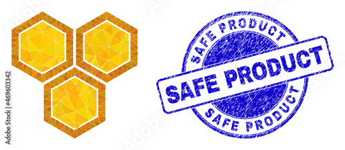 Low-Poly polygonal honeycomb 2d illustration with Safe Product dirty seal print. Blue stamp seal includes Safe Product text inside circle form. Honeycomb icon filled with triangles.