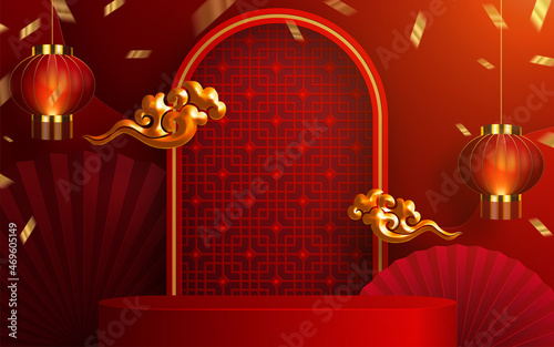 3d Podium round, square box stage podium and paper art Chinese new year,Chinese Festivals, Mid Autumn Festival, red paper cut, fan, flower and asian elements with craft style on background.
