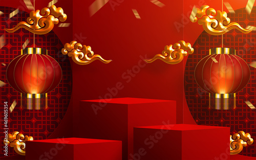 3d Podium round, square box stage podium and paper art Chinese new year,Chinese Festivals, Mid Autumn Festival, red paper cut, fan, flower and asian elements with craft style on background.
