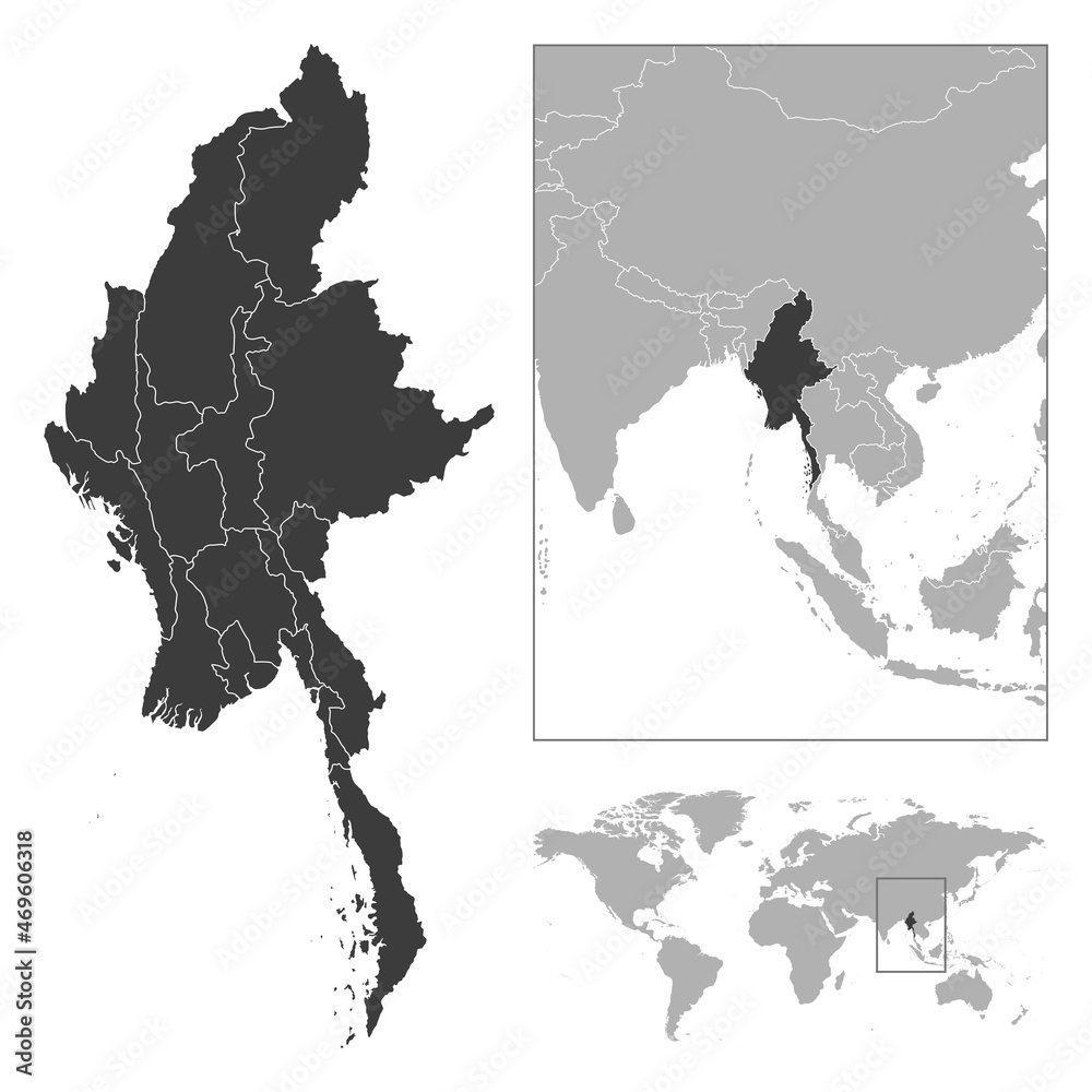 Myanmar - detailed country outline and location on world map. Stock ...