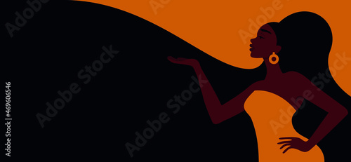 Modern illustration of beautiful african woman with long hair on yellow background. Template for cards, greetings, flyer, banner for beauty salon, hair salon or Women's Day, 8th March. 