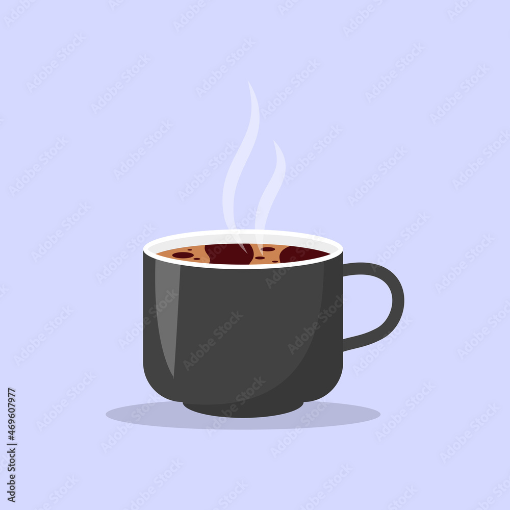 Black cup of fresh coffee in flat cartoon style. Ceramic mug with hot drink latte, espresso with steam. Mockup filled coffee with space for labels. Great for poster, card. Closeup. Vector illustration Black cup of fresh coffee in flat cartoon style. Ceramic mug with hot drink latte, espresso with steam. Mockup filled coffee with space for labels. Great for poster, card. Closeup. Vector illustration