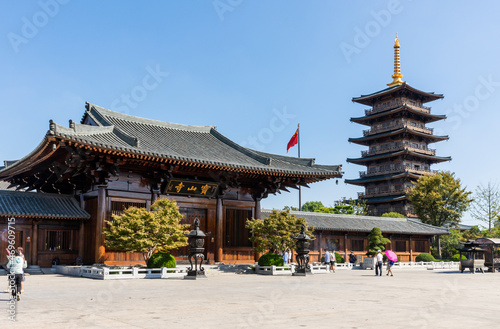 Shanmen and pagoda of historic Baoshan or Treasure Mountain Serene Temple  a Buddhist temple on banks of Lianqi River at  Luodian Town  Baoshan District  Shanghai  China.