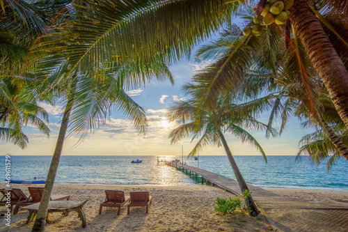 sandy beach with coconut palm tree and beach bed with pier over blue sea