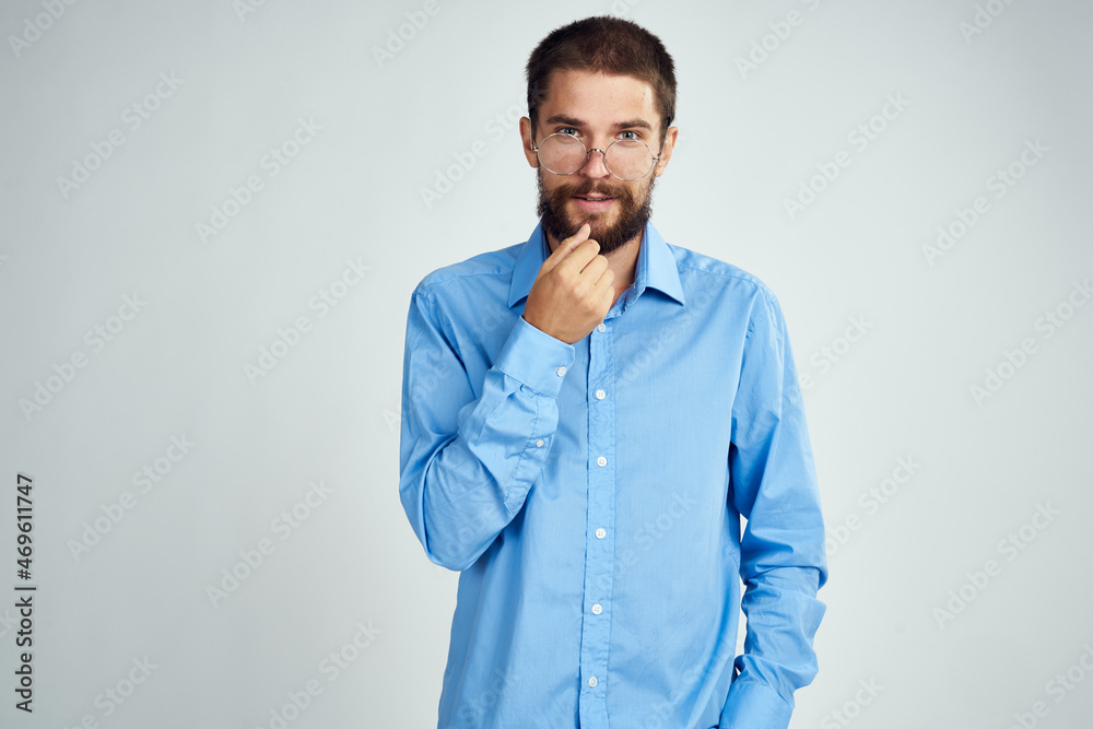 manager wearing glasses posing office work light background manager wearing glasses posing office work light background