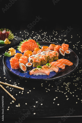 Perfect Sushi Japanese Asian Seafood Food Dish Menu Gourmet Restaurant Chef on Dark Background 