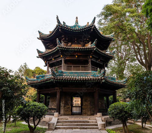 A historical tower of traditional Chinese style at Historic Great Mosque in Chinese style at Muslim Quarter, Xi'an, Shaanxi, China, first build in 8th Century. Heirtage and tourist attraction.