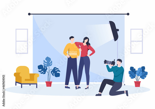 Wedding Studio Photo Flat Design. Photographer Shooting Model Man and Women with a Wedding Theme or Bridal Couple use Camera in Cartoon Style Vector Illustration