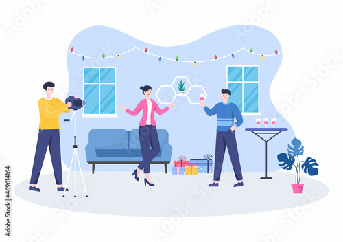 Family Studio Photo Flat Design. Photographer Shooting Model Father, Mother and Son Making Photoshoot use Camera. Cartoon Style Vector Illustration