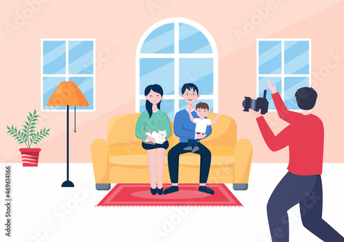 Family Studio Photo Flat Design. Photographer Shooting Model Father, Mother and Son Making Photoshoot use Camera. Cartoon Style Vector Illustration