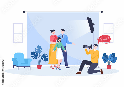 Family Studio Photo Flat Design. Photographer Shooting Model Father, Mother and Son Making Photoshoot use Camera. Cartoon Style Vector Illustration