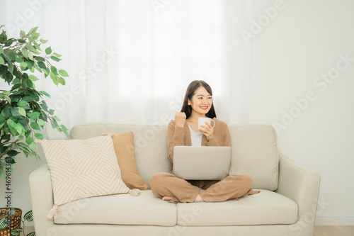 家でノートパソコンを使う女性（ソファ・ガッツポーズ） 