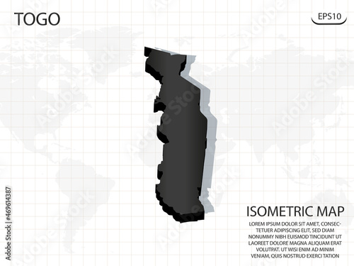 3D Map black of Togo on world map background .Vector modern isometric concept greeting Card illustration eps 10.
