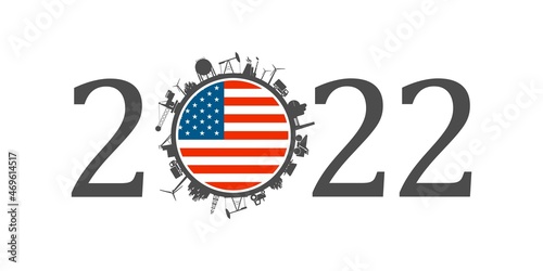 2022 year number with industrial icons around zero digit. Flag of USA.