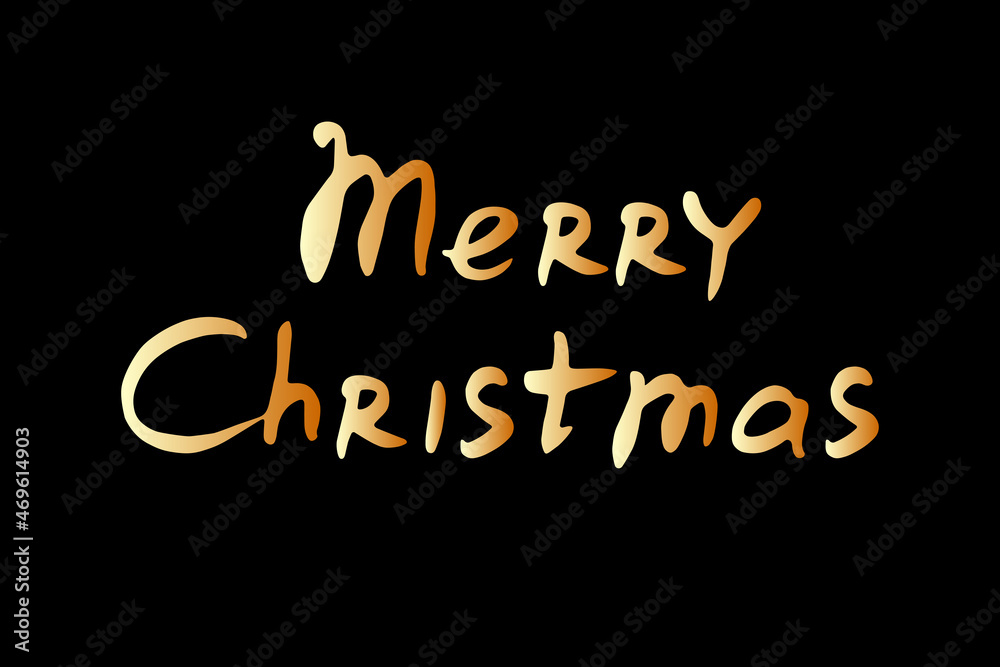 Hand written gold calligraphic inscription Merry Christmas on black background. Lettering, title, design element for banner, greeting card, invitation, postcard. Vector illustration
