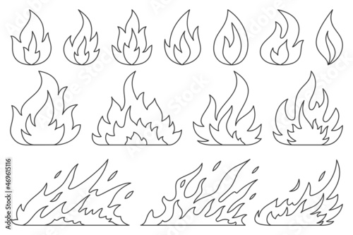 Fire bonfire ignition flames thin black line set. Collection sign danger ignition object forest fires flammable liquid. Outline flame energy fiery explosion hot discount simple icon isolated on white
