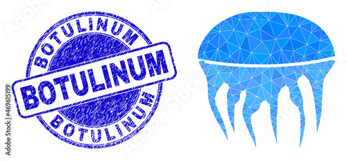 Low-Poly triangulated jelly fish 2d illustration, and Botulinum unclean watermark. Blue seal has Botulinum caption inside round form. Jelly fish icon is filled with triangles. photo