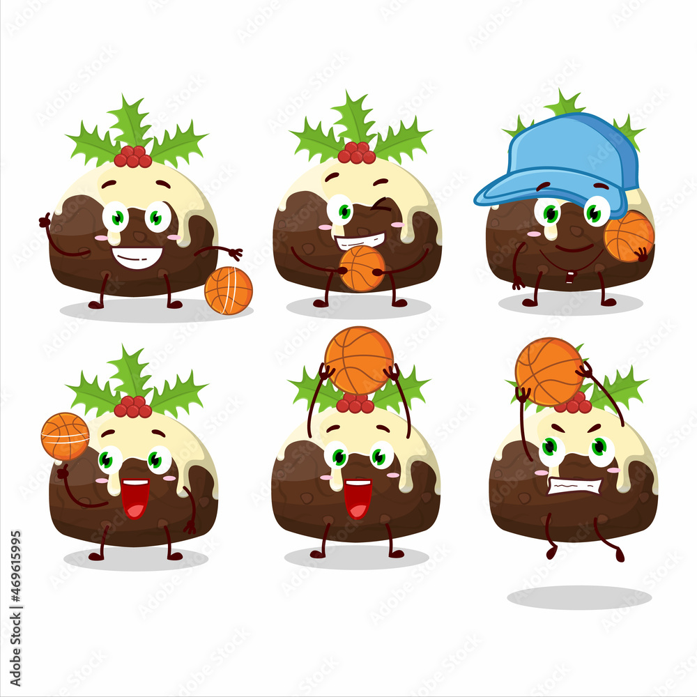 Fototapeta premium Talented pudding cake christmas cartoon character as a basketball athlete