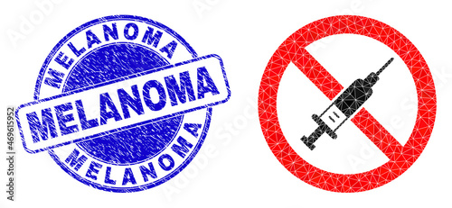 Low-Poly polygonal stop vaccine symbol illustration with MELANOMA grunge watermark. Blue stamp includes Melanoma text inside circle form. Stop vaccine icon is filled with triangle mosaic.