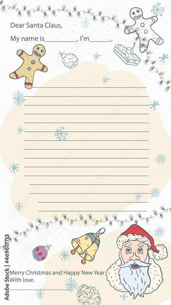 Ready made Christmas and New Year sample letter layout for Santa Claus with a line for the text Portrait of Santa Claus among gingerbread men and snowflakes Ready made Christmas and New Year sample letter layout for Santa Claus with a line for the text Portrait of Santa Claus among gingerbread men and snowflakes