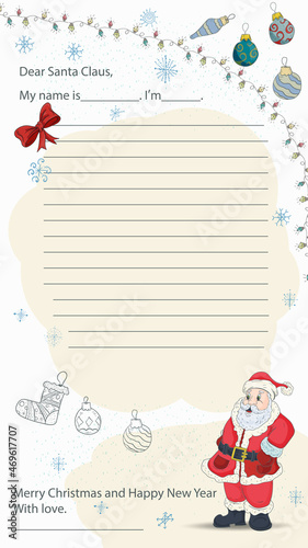 A ready made Christmas and New Years sample letter layout for Santa Claus with a line for the text Santa Claus stands among Christmas balls and snowflakes