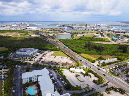 Aerial view of Cape Canaveral cruise port, harbor and tourism infrastructure on beautiful summer day photo