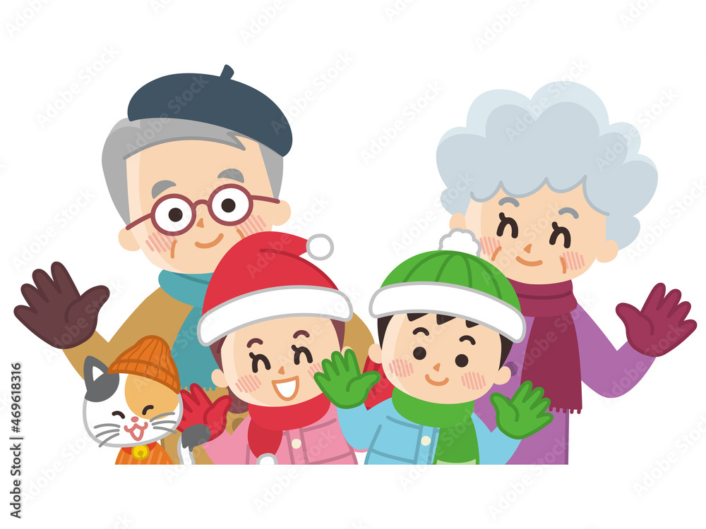 祖父母と孫とペットの猫　冬