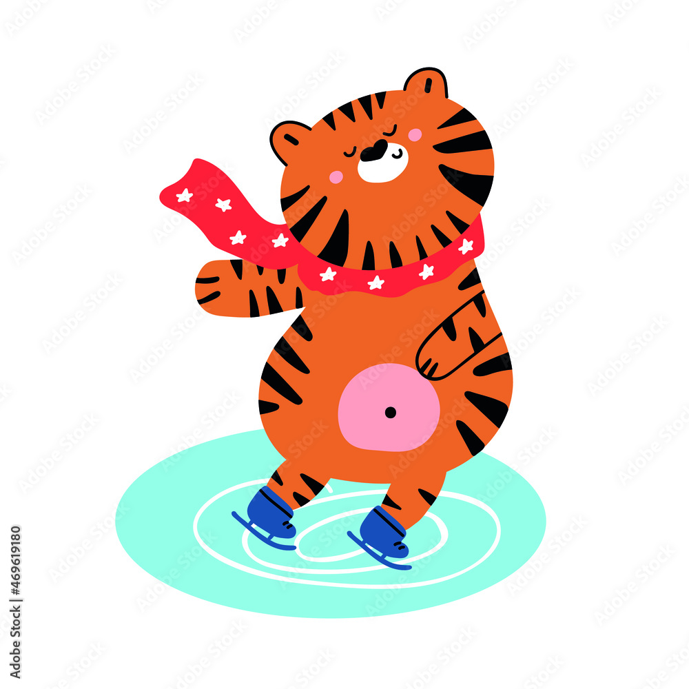 Cute hand drawn tiger wearing a scarf, skating on ice. Symbol of New Year. Nursery design. Cute hand drawn tiger wearing a scarf, skating on ice. Symbol of New Year. Nursery design.