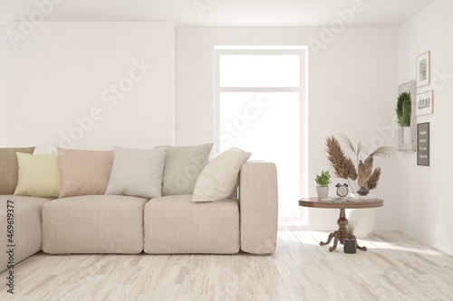 White living room with sofa. Scandinavian interior design. 3D illustration