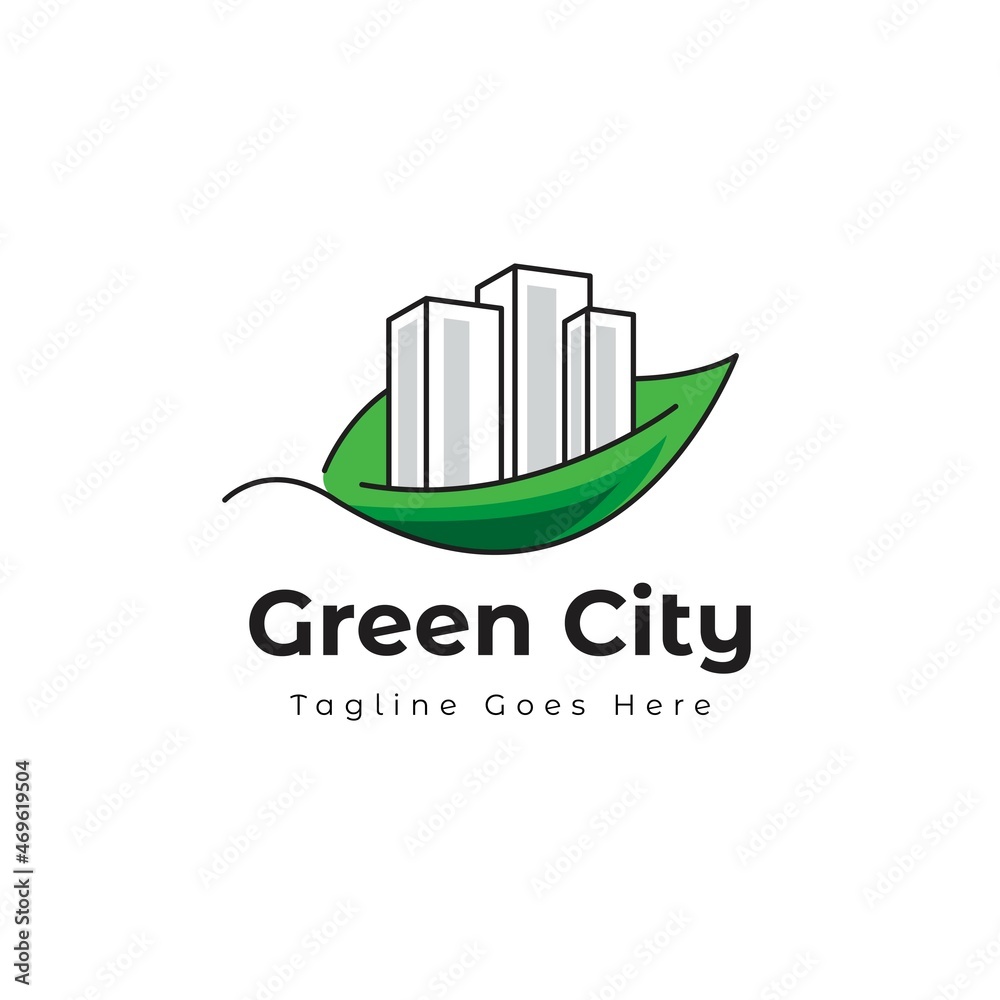 Eco Green City Building Real Estate on Leaf, Modern and Clear Logo Template