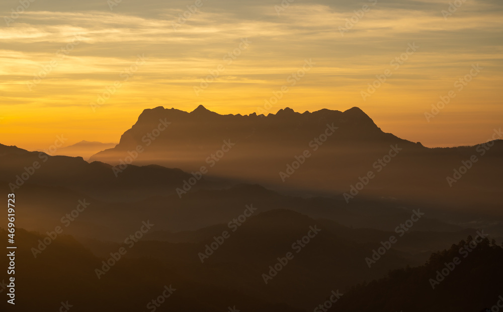 Spectacular view of Doi Luang Chiang Dao mountain in Chiang Mai province of Thailand at dawn. Doi Luang Chiang Dao mountain is the 3rd highest mountains of Thailand.