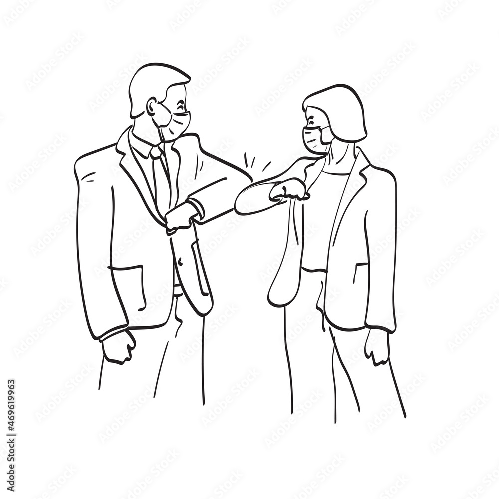 businesspeople elbow bumping while greeting each other in the office during COVID-19 epidemic illustration vector isolated on white background line art. businesspeople elbow bumping while greeting each other in the office during COVID-19 epidemic illustration vector isolated on white background line art.