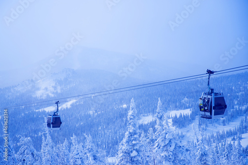 Landscape blue cold on mountain Sheregesh ski lift resort in winter, aerial top view Kemerovo region Russia