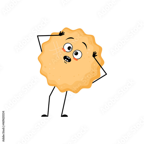 Cute milk cookie character with emotions in panic grabs his head, surprised face, shocked eyes, arms and legs. Baking person, biscuit with terrified expression. Vector flat illustration