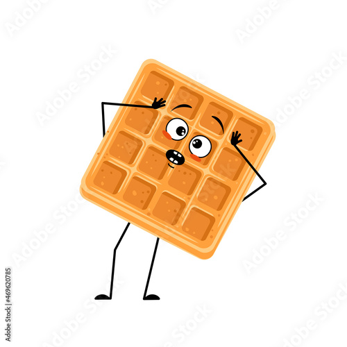 Cute character belgian waffle with emotions in panic grabs his head, surprised face, shocked eyes, arms and legs. Cheerful baking person, dessert with scared expression. Vector flat illustration