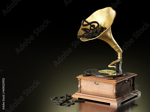 Old antique Gramophone or Phonograph and black music notes in dark black background. It's a popular mythical music player. It works by wind up. The concept of music and aesthetics. 3D illustration.