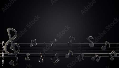 Black music notes flowing along the lines of the song melody in a dark background. Copy space for your text or title on top. The concept of music and aesthetic rhythm. 3D illustration rendering.