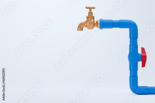 Brass faucet and blue PVC water pipe on white background. Closeup and copy space for text or article on the left. The concept of plumber maintenance work. 3D illustration rendering.