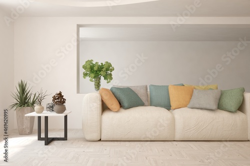 White living room with sofa. Scandinavian interior design. 3D illustration