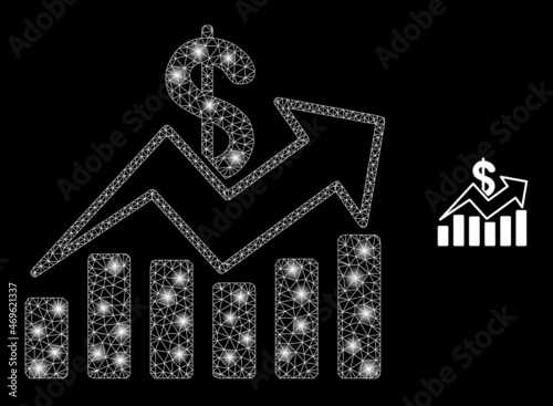 Glossy polygonal mesh web sales trend charts icon with glitter effect on a black background. Constellation sales trend charts iconic vector with glowing points in magic colors.