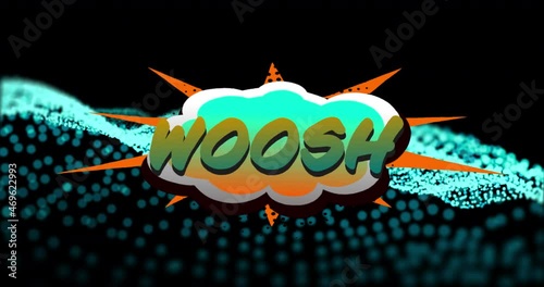 Animation of woosh text over blue dots on black background photo