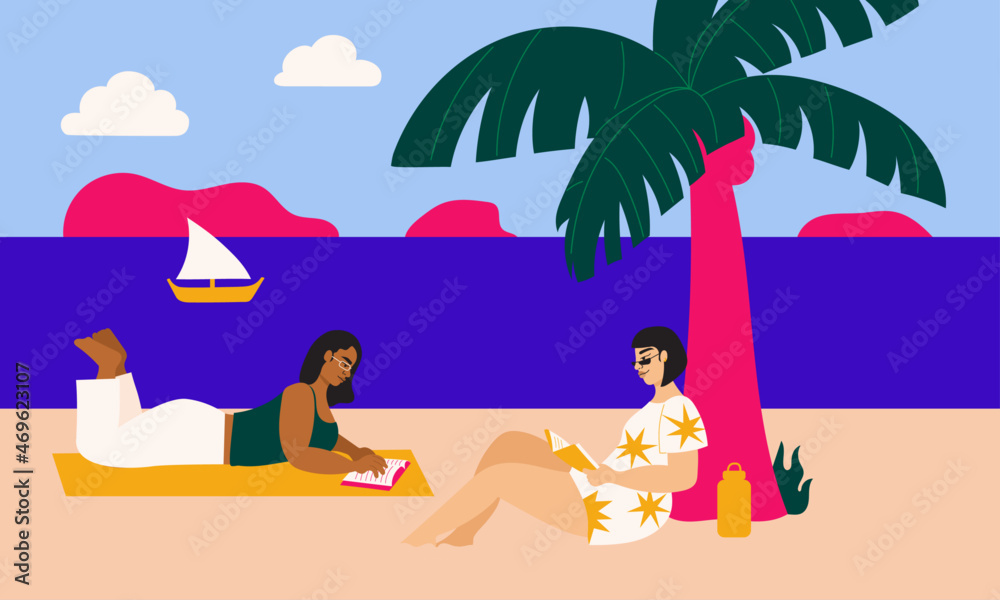 Illustration of two women reading at the beach
