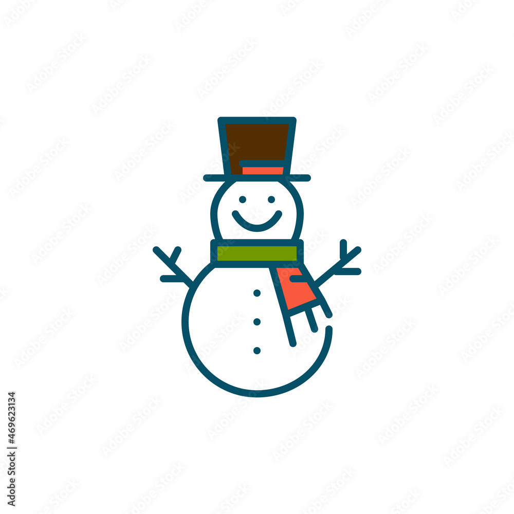 Happy smiling snowman wearing a hat and a scarf. Pixel perfect, editable stroke colorful vector icon