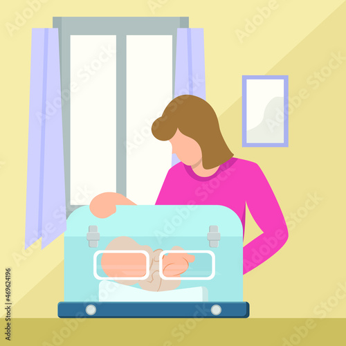 Her mother check little newborn baby inside medical intensive care unit incubator box. Child care clinic. Vector colorful illustration.