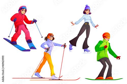People with ski, snowboard and skates. Vector cartoon set of characters with winter sport equipment for riding on snow. Skier, snowboarder and skater isolated on white background