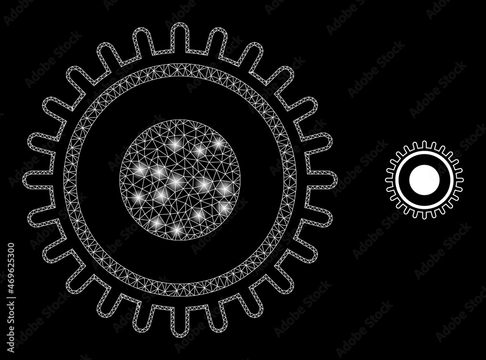 Fototapeta premium Glossy polygonal mesh web gear icon with glitter effect on a black background. Carcass gear iconic vector with illuminated spheres in bright colors. Abstract 2d mesh designed with polygonal grid,