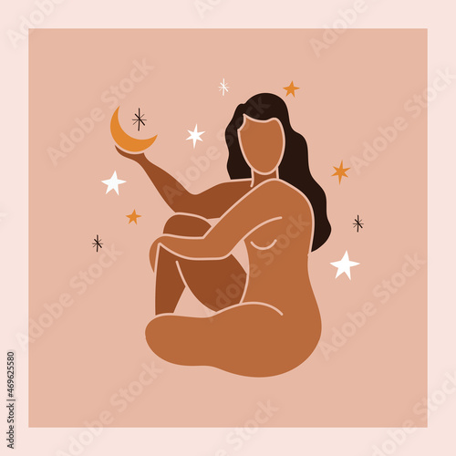 Abstract women silhouette and mystical Symbols. Attractive woman body. Contemporary modern style. Beauty, boho concept. Vector Minimalist Design for Wall Art, Print, Card, Poster.